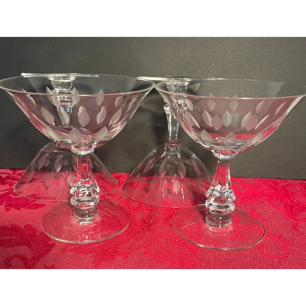 Vintage Tiffin-Franciscan Etched Crystal Coupe Glasses Set of 4 Faceted Stem MCM